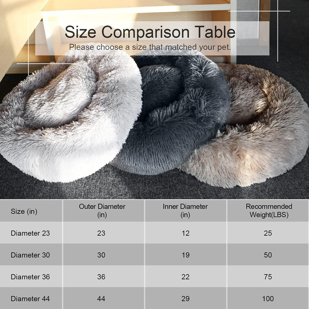 Dog Bed, Cat Calming Bed, Faux Fur Pillow Pet Donut Cuddler Round Plush Bed for Large Medium Small