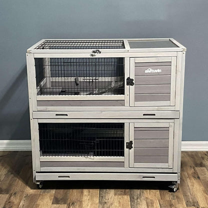 Rabbit Hutch Indoor Outdoor Bunny Hutch Pull Out Tray Guinea Pig Cage with Bottom Wire-Netting, On