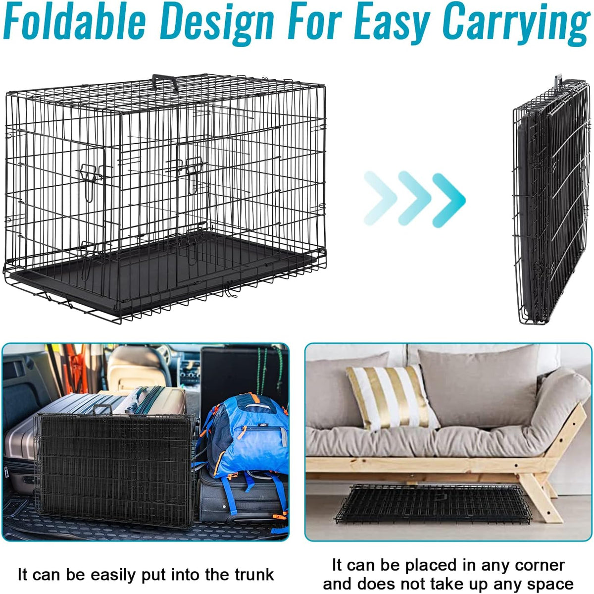 FDW Dog Crate for Small Dogs 24 Inch Folding Metal WirePet Cage Double Door W/Divider Panel Indoor