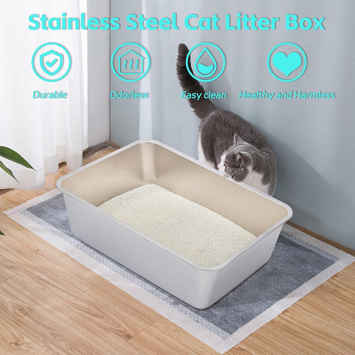 2 Pack Stainless Steel Litter Box-XXL Metal Litter Box for Big Cats 8IN Deep, Cat LitterBox-Pet