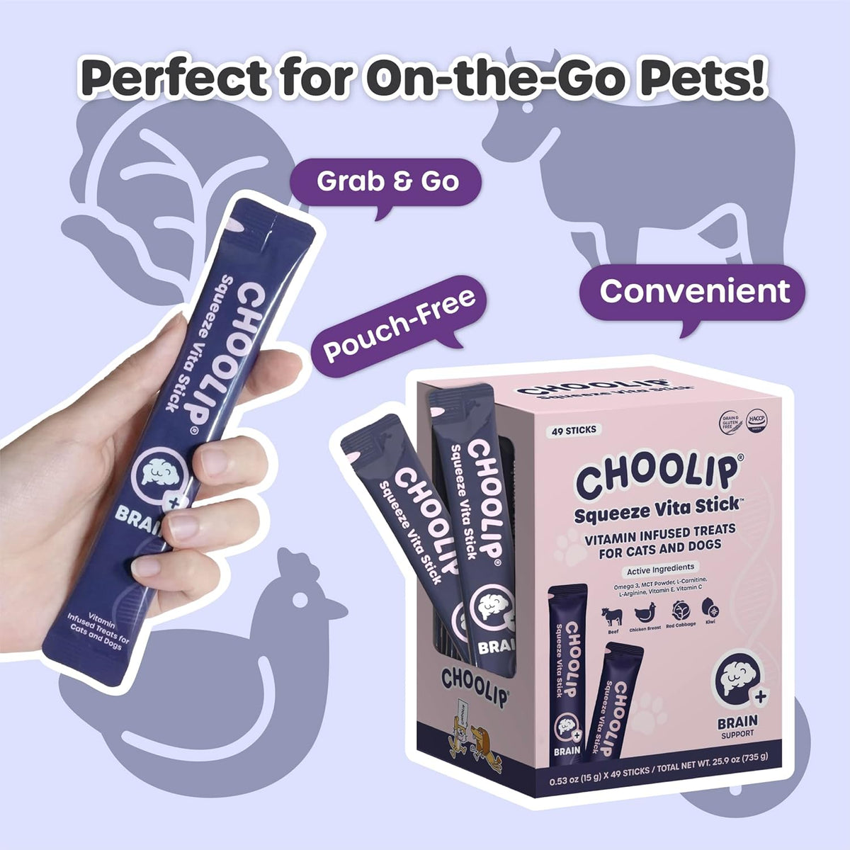 Grab & Go Squeeze Vita Stick Lickable Treats for Dogs & Cats. 49 Brain Support Sticks with
