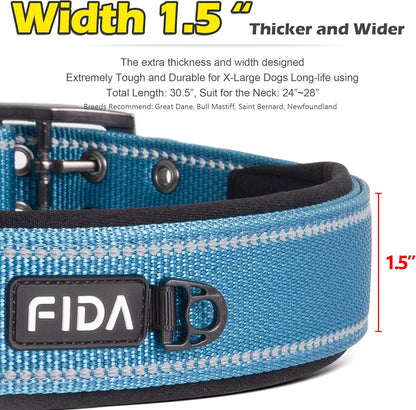 Fida Heavy Duty Dog Collar 1.5” Width, Ultra Soft Neoprene Padded, Adjustable Reflective Nylon Pet