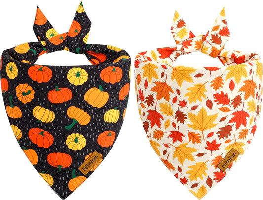 Fall Dog Bandanas - 2 Pack Halloween Thanksgiving Dog Bandana | Reversible Pumpkin and Leaf Pet