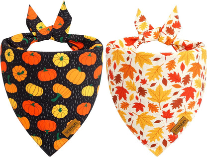 Fall Dog Bandanas - 2 Pack Halloween Thanksgiving Dog Bandana | Reversible Pumpkin and Leaf Pet