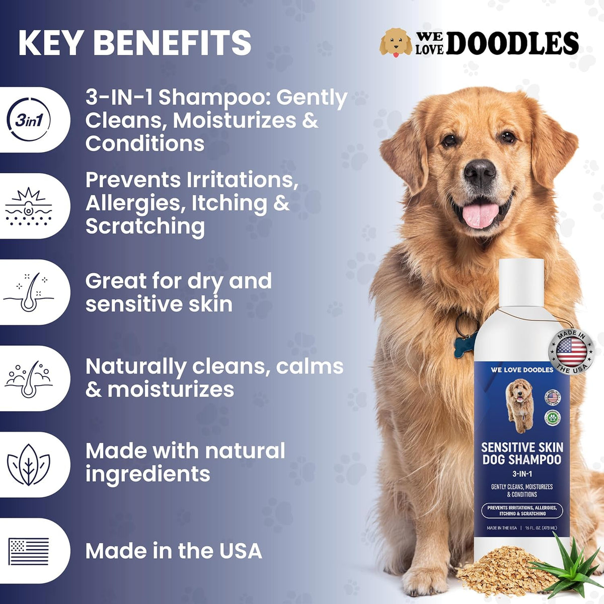 Premium 3-in-1 Sensitive Skin Dog Shampoo, Great for Allergies, Itching, Scratching, Anti-Itch