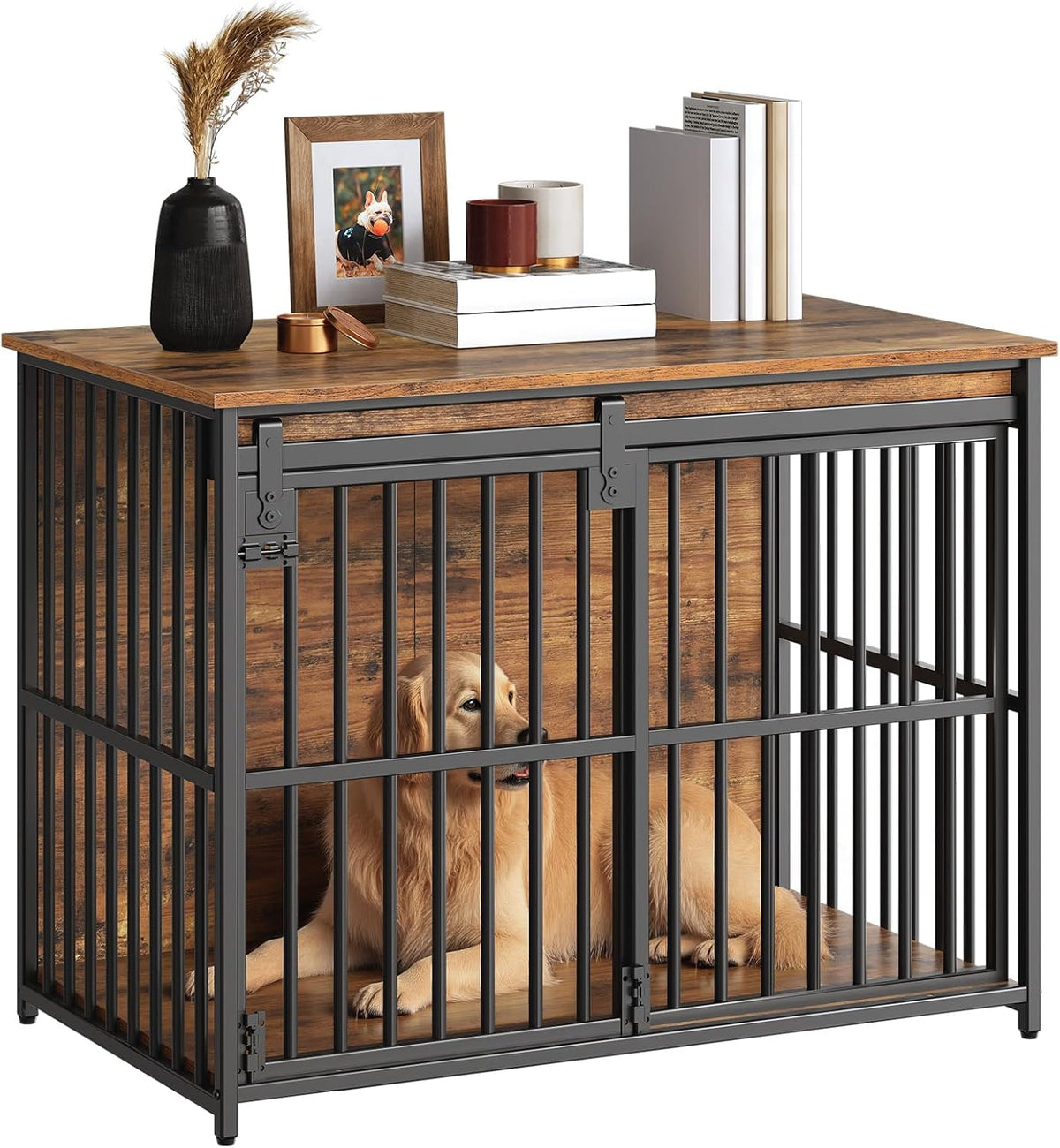 HOOBRO Dog Crate Furniture, 36.6" Heavy Duty Dog Kennel with Sliding Barn Door, Wooden Dog Cage