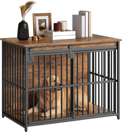 HOOBRO Dog Crate Furniture, 36.6" Heavy Duty Dog Kennel with Sliding Barn Door, Wooden Dog Cage