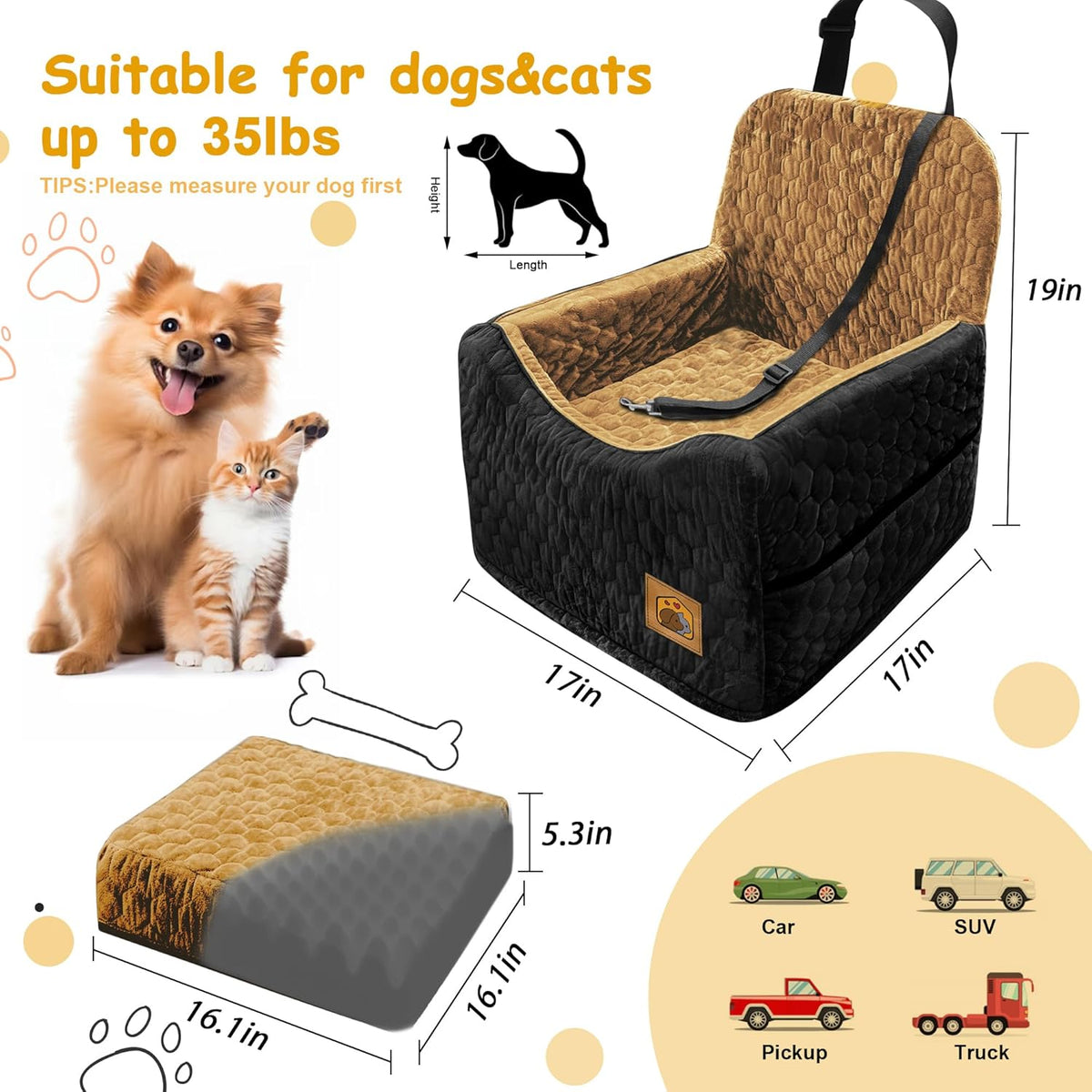 Dog Car Seat for Small/Medium Dogs, Memory Foam Dog Booster Seat, Travel Safety Per Car Seat with