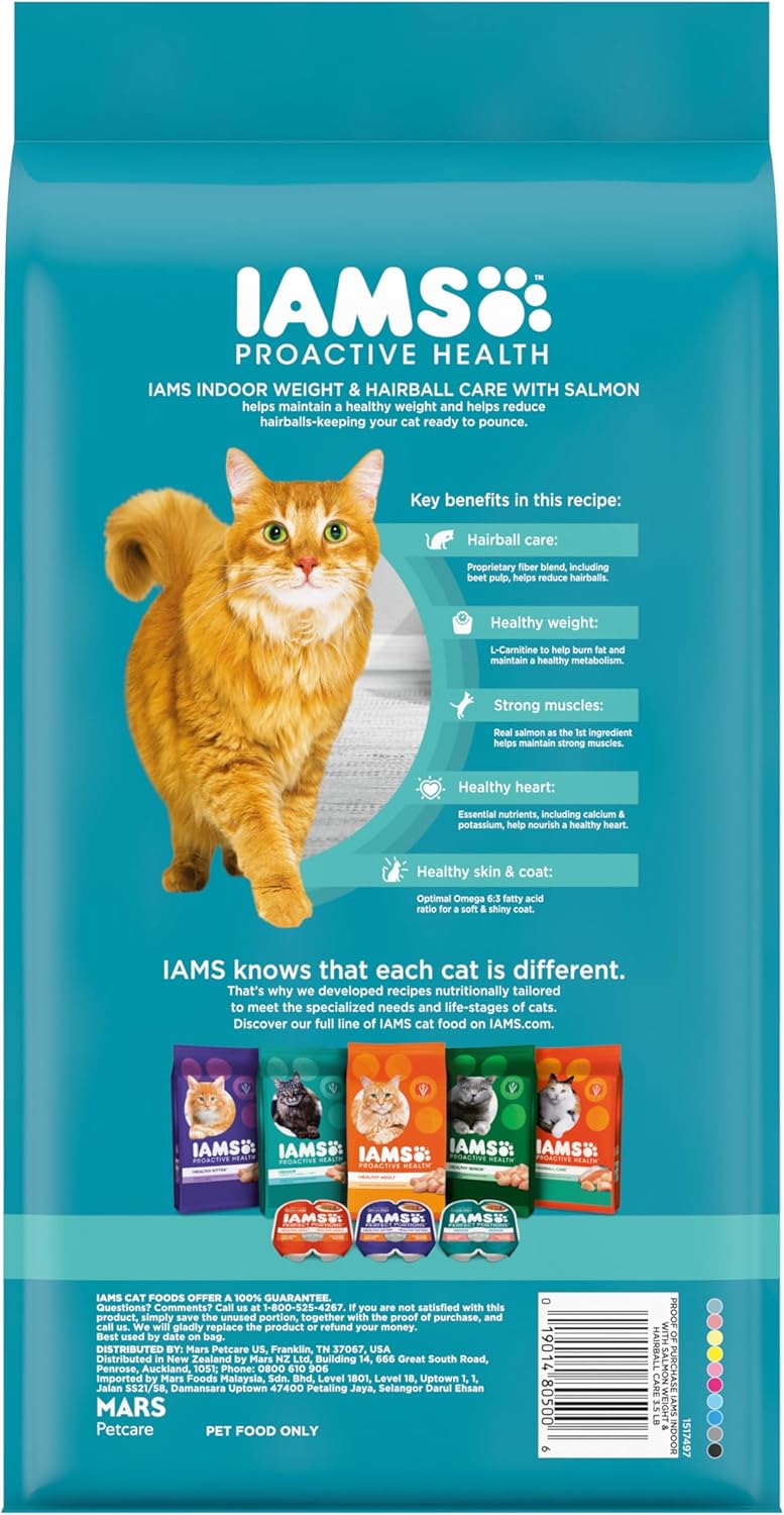IAMS Proactive Health Indoor Weight Control & Hairball Care Adult Dry Cat Food, Salmon Recipe, 3.5