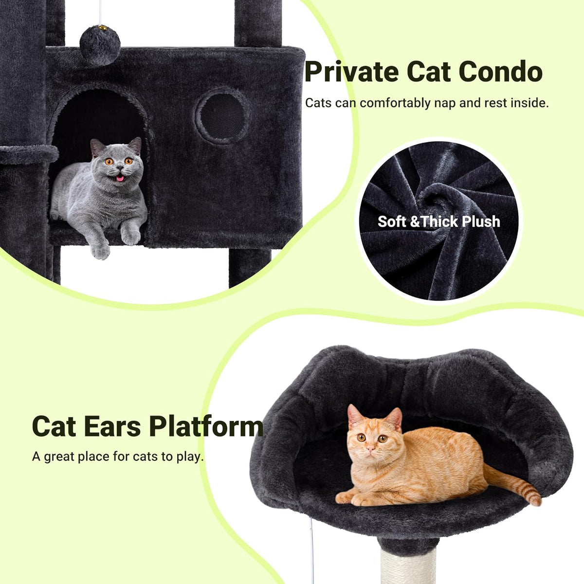 Allewie 64 Inches Cat Tree Tower/Multi-Level Activity Center for Indoor Big Felines/2 Plush