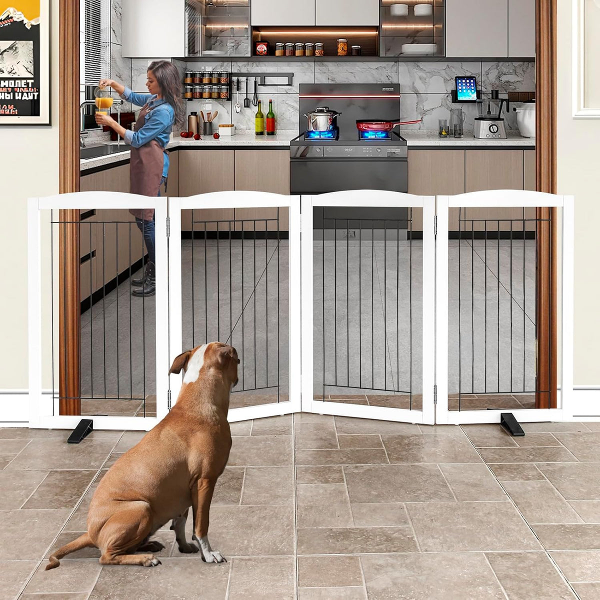 ZJSF Freestanding Dog Fence Indoor, Foldable Dog Gate for Doorways, Stairs or Hallways, Sturdy Wood