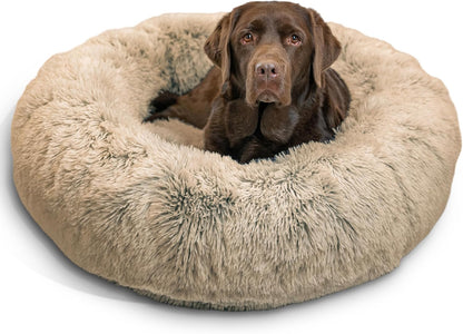 Best Friends by Sheri Original Calming Donut Dog and Cat Bed, Shag Faux Fur, Taupe, (36in x 36in)
