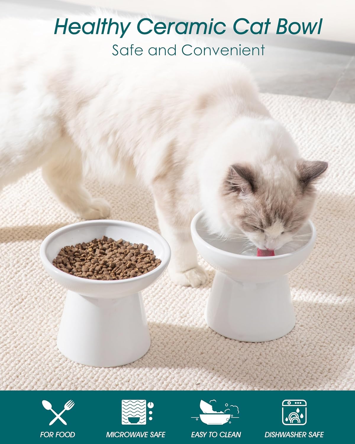 vancasso Ceramic Elevated Cat Bowls 2-Pack - 6.2" Extra Wide Raised Cat Food & Water Dishes, 5.1"