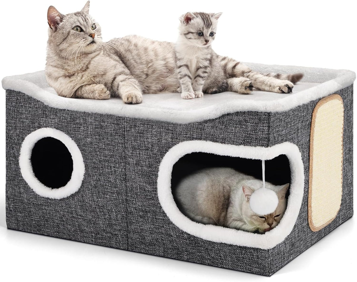Cat Beds for Indoor Cats, Extra Wide Cat Cube House for Multi Cats, Foldable Cat Cave Hideaway with