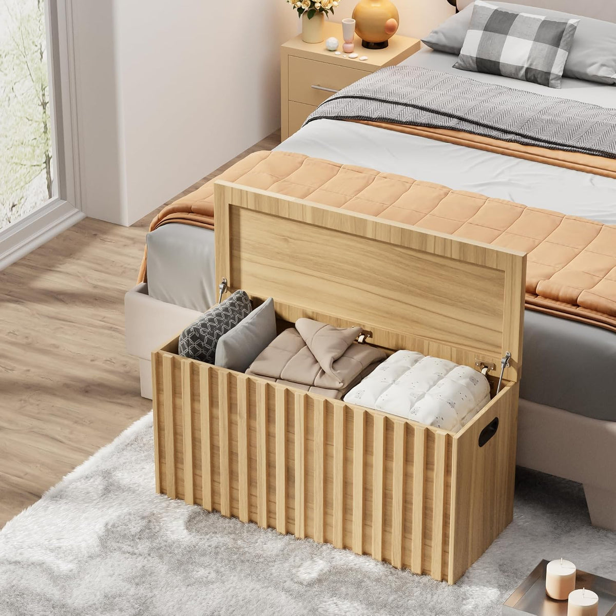 UEV Storage Bench,39.4" Wood Box, Storage Trunk with 2 Safety Hinges, Ottoman Storage Chest, Fluted