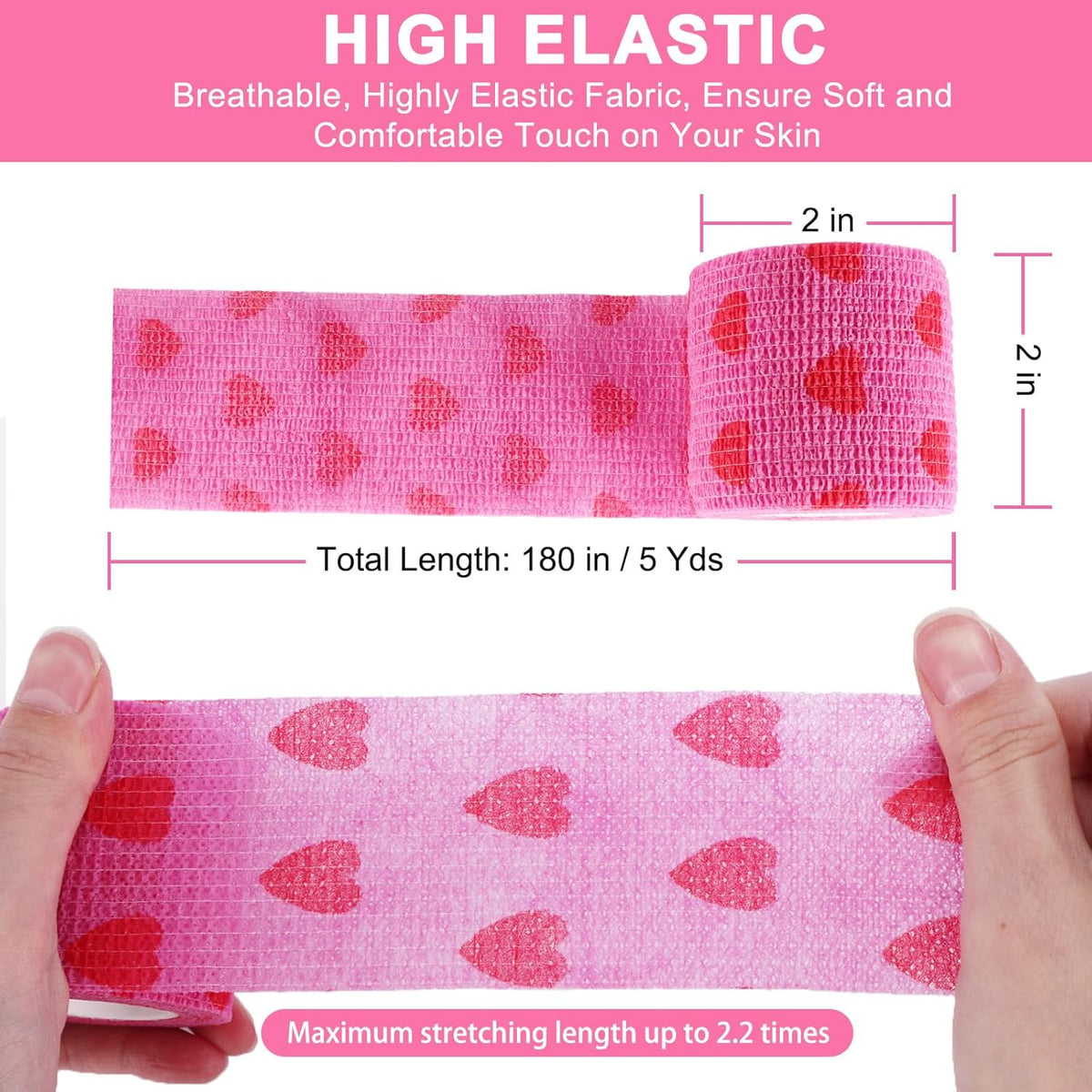 24 Pack Self Adhesive Vet Wrap & Medical Tape, 2 Inch x 5 Yards Cohesive Bandage Wrap - Pink Heart