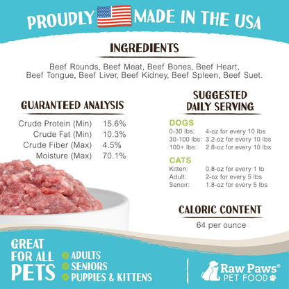 Raw Paws Signature Blend Pet Food for Dogs & Cats - Beef Recipe, 1-lb Rolls (10 Pack) - Fresh Pet