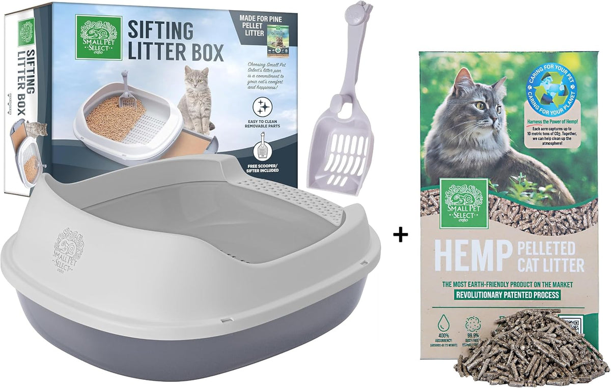 Small Pet Select- Sifting Cat Litter Box and 8lb Hemp Pellets Combo, with 5 Free Pee Pads and Free