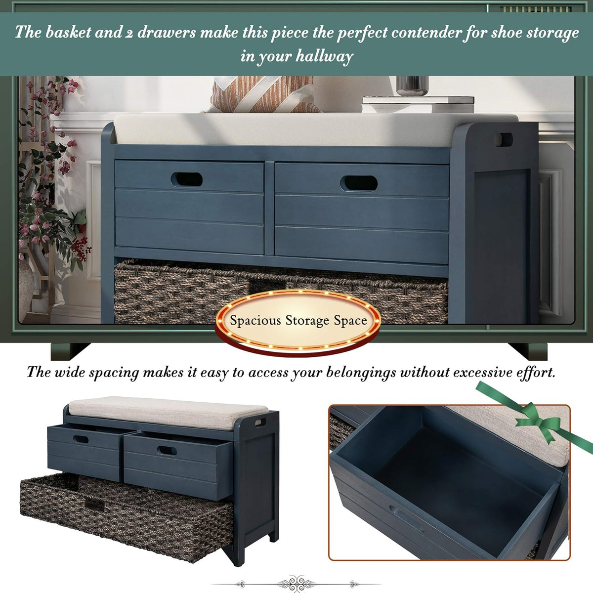 Storage Bench Removable Basket 2 Drawers Fully Assembled Acacia Wood Shoe Bench Standing Shoe Rack