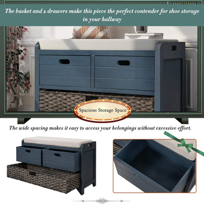 Storage Bench Removable Basket 2 Drawers Fully Assembled Acacia Wood Shoe Bench Standing Shoe Rack