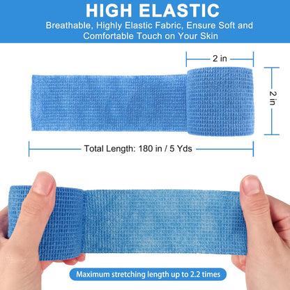 24 Pack Self Adherent Cohesive Wrap Bandages, 2” x 5 Yards Blue Athletic Tape, Medical Tape, Vet