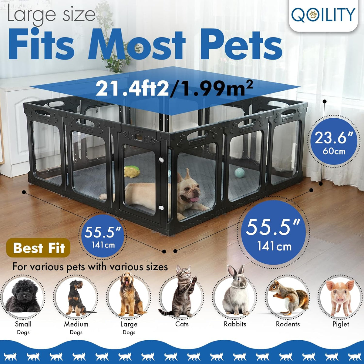 Clear Acrylic Dog Playpen Indoor, Effectively Relieves Indoor Pet Anxiety, 56" x 56" x 23.6"H