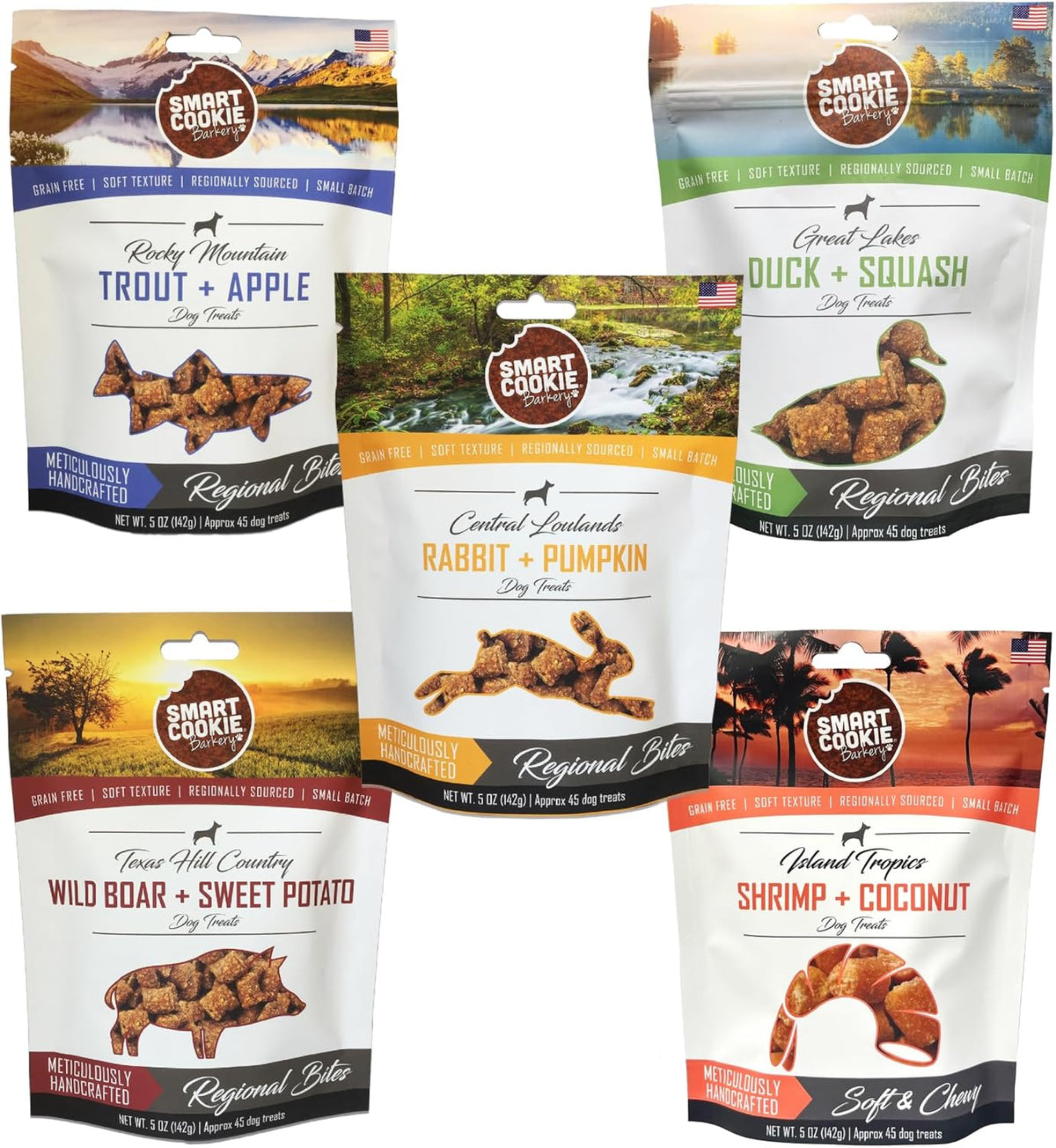 Smart Cookie All Natural Soft Dog Treats - 5 Flavor Variety Pack (5oz Each) - Healthy Dog Treats