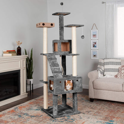 Furhaven 69.3" Tall Cat Tree for Indoor Cats, Ft. Sisal Scratching Posts, 2x Cat Condos, & Toys