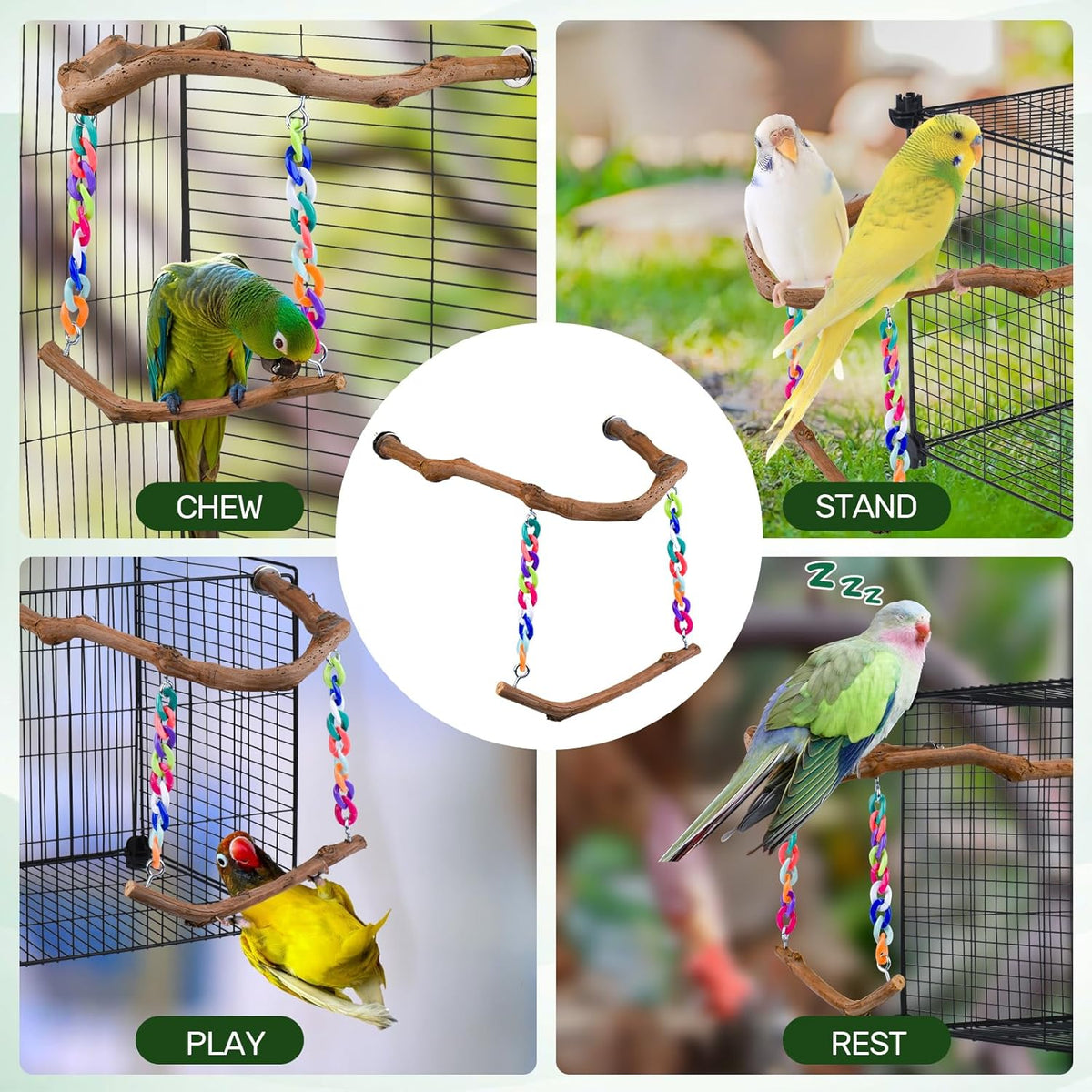 Bird Swing Toys, Standing Bird Perch with Natural Grape Wood, U Shape Hangable Birdcage
