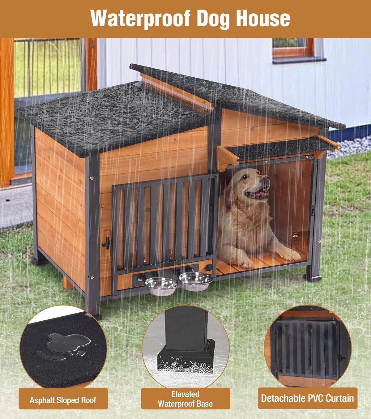 GUTINNEEN Dog House Outdoor with Anti-Chewing Metal Frame, Wooden Dog Kennel with 360° Rotating