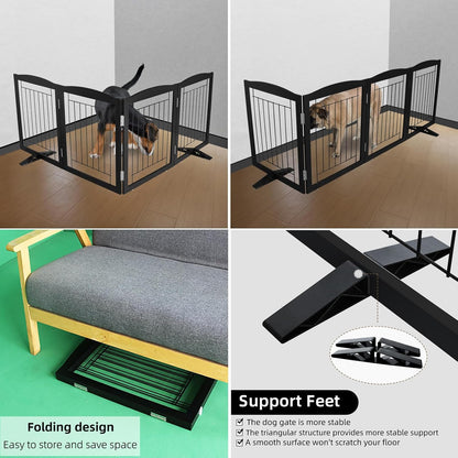 ZJSF Freestanding Dog Fence Indoor, Foldable Dog Gate for Doorways, Stairs or Hallways, Sturdy Wood
