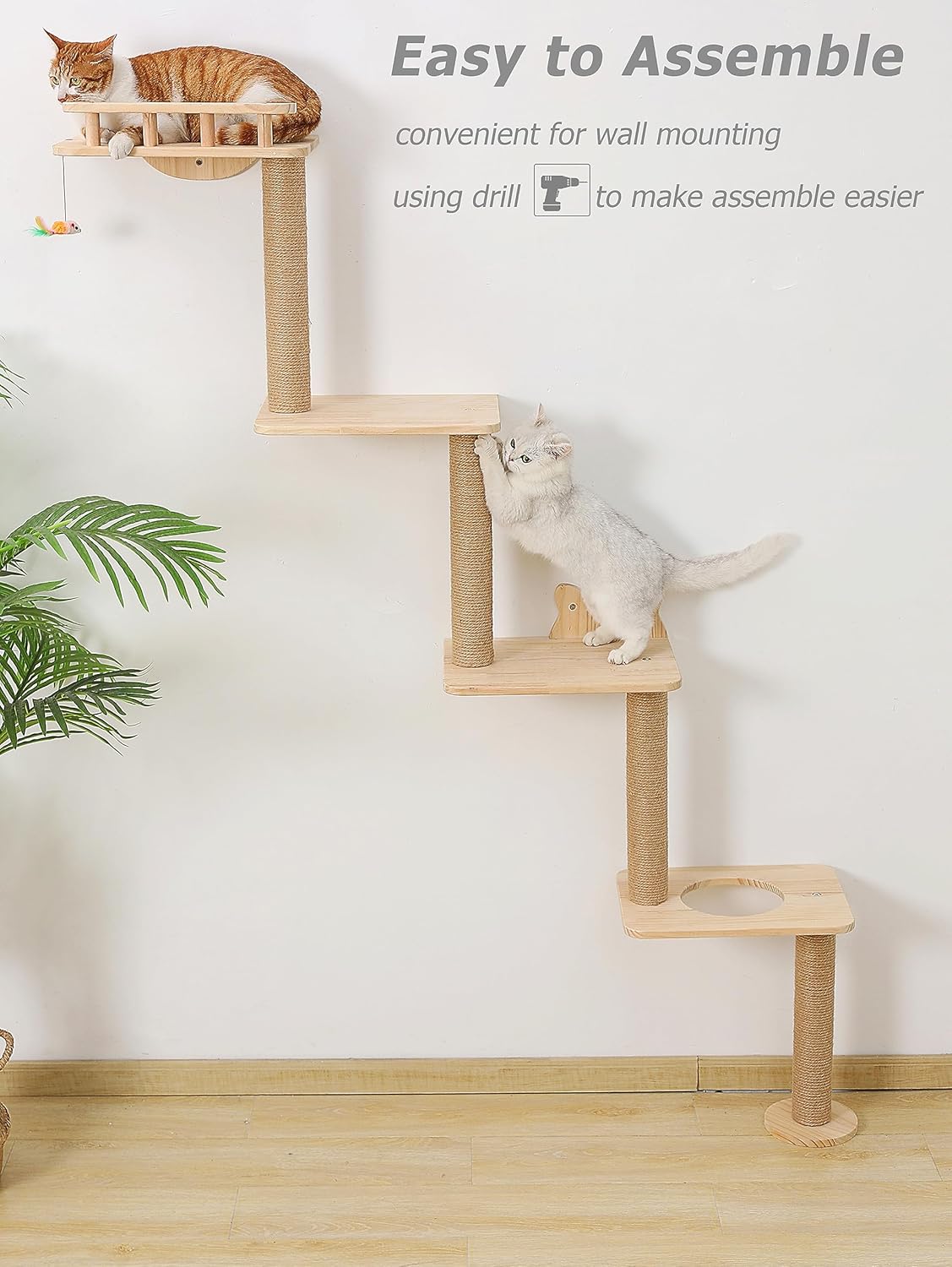 Cat Tree Wall Mounted with 4 Levels Shelves, 73" Wood Corner Tower Inside Kitten Playground for