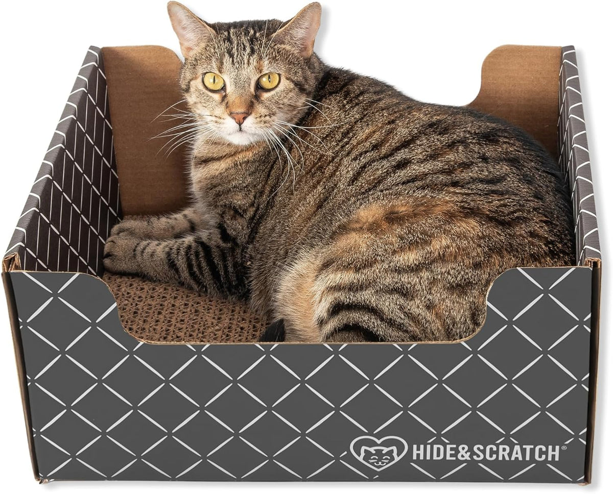HIDE & SCRATCH Cat Scratcher Box and Cat Bed with Refillable Double-Sided Cardboard Scratch Pad for