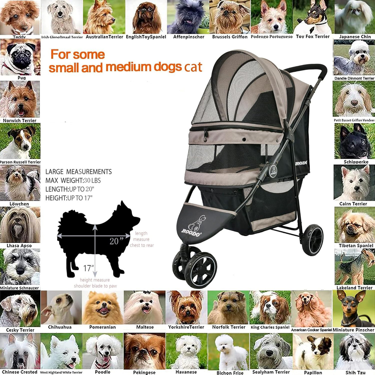 ROODO Escort 3 Wheel Dog Cat Pet Stroller for Small/Medium Dogs Cats Best Lightweight Foldable