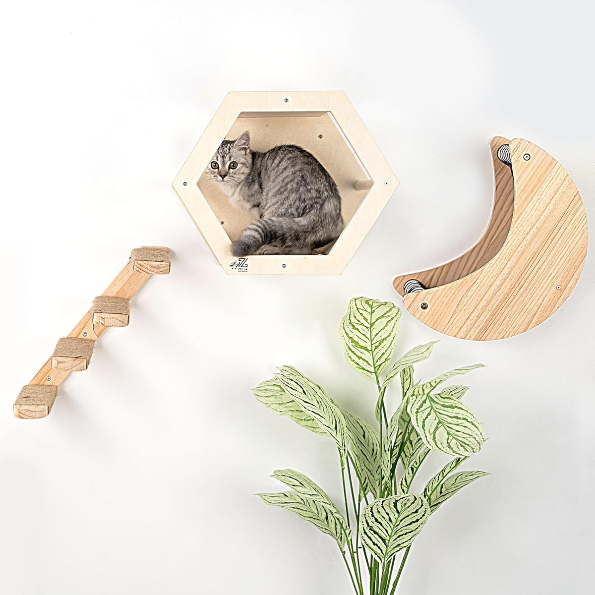 3-Piece Cat Wall Furniture Set - Hammock, Hexagon House, Climbing Steps - Wall Mounted Shelves