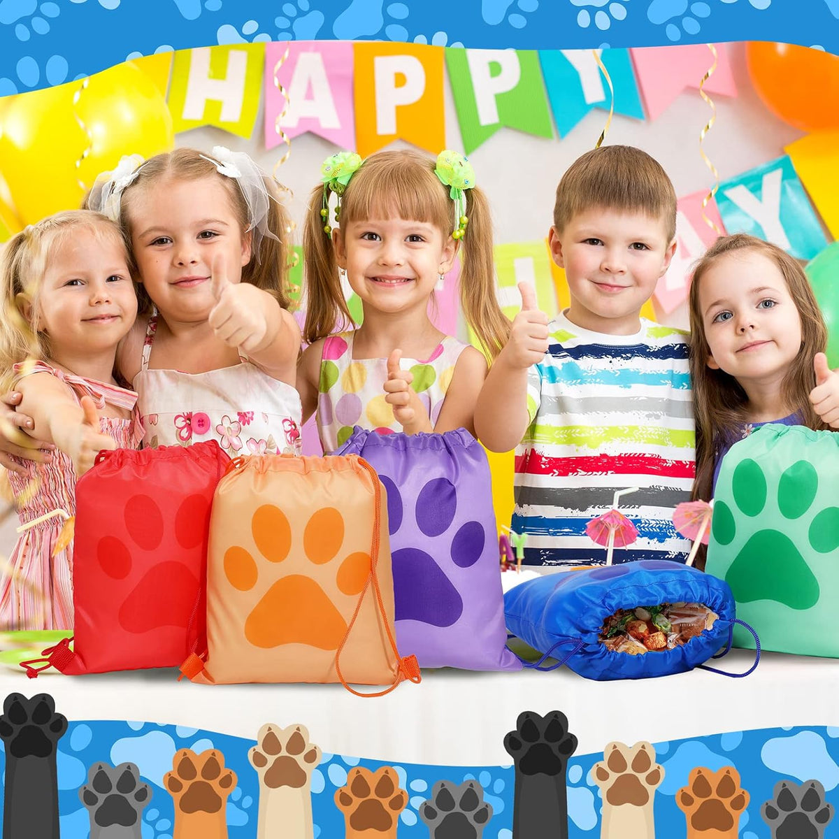 Yerliker 14 Pieces Paw Print Drawstring Bags Cute Paw Print Bags Bulk Reusable Dog Themed Party
