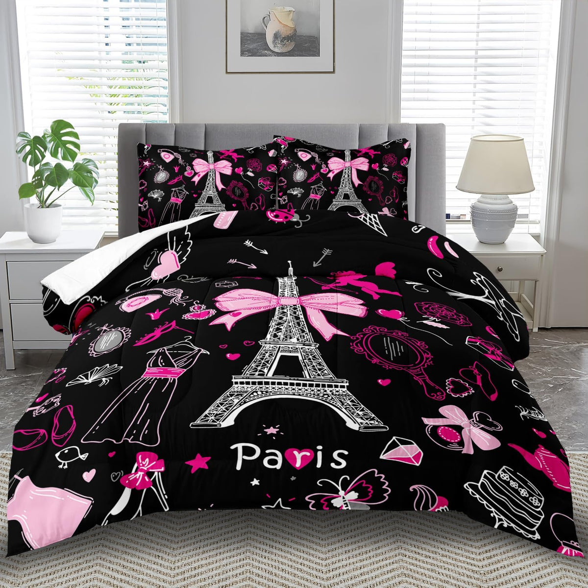 Eiffel Tower Comforter Set Twin Size,Eiffel Tower Bedding Set for Girls, Pink and Black Paris