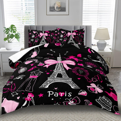 Eiffel Tower Comforter Set Twin Size,Eiffel Tower Bedding Set for Girls, Pink and Black Paris