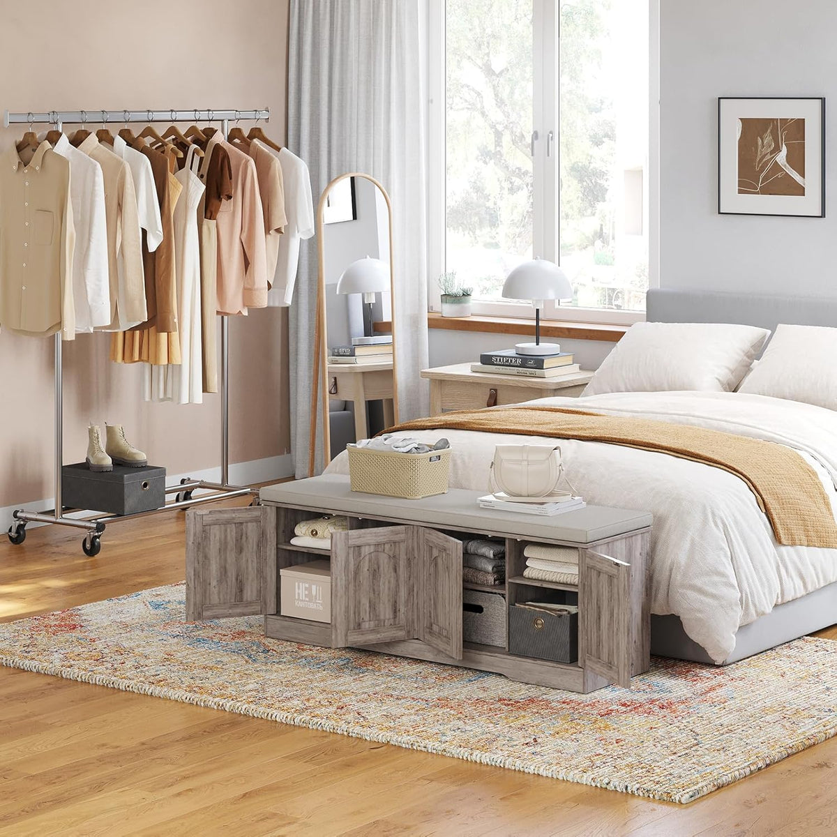 DINZI LVJ Shoe Bench, Entryway Storage Bench with Doors, Cushion, 2-Tier Shoe Rack with 8-Cubby