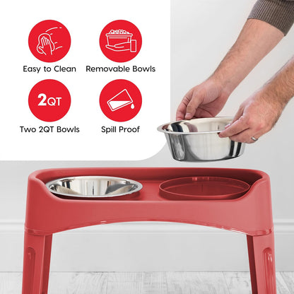 IRIS USA Elevated Dog Bowls, Adjustable Height, 2 Thick 64 oz Stainless Steel Bowls, Spill-Proof