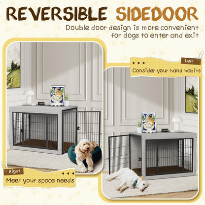 Bigrab Dog Crate Furinture with Thick Cushion, Side End Table Wooden Dog Cage with Double Doors