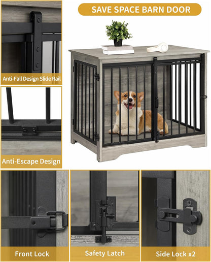 31.9" Dog Crate Furniture with Barn Door, Heavy Duty Dog Kennel Indoor with 2 Doors, Wooden Pet
