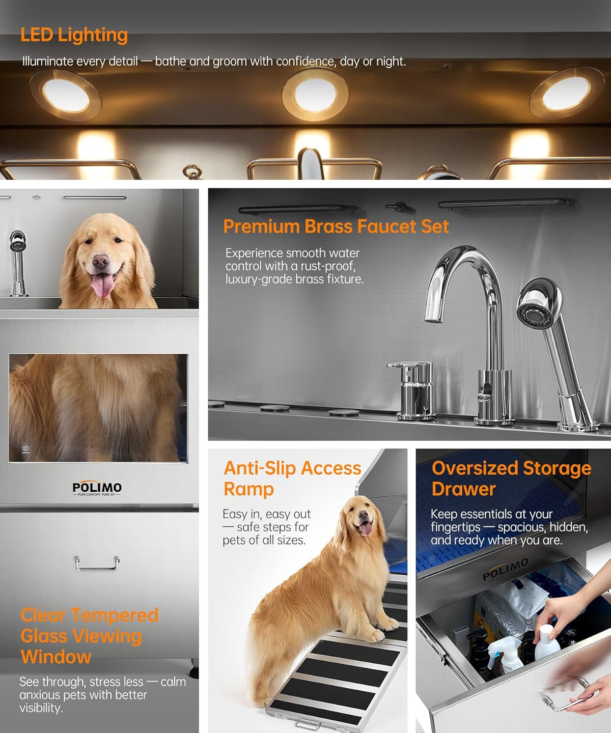polimo Dog Washing Station, LED Professional Stainless Steel Dog Bathing Station 38", Dog Grooming