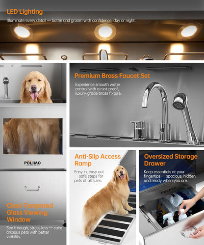 polimo Dog Washing Station, LED Professional Stainless Steel Dog Bathing Station 38", Dog Grooming