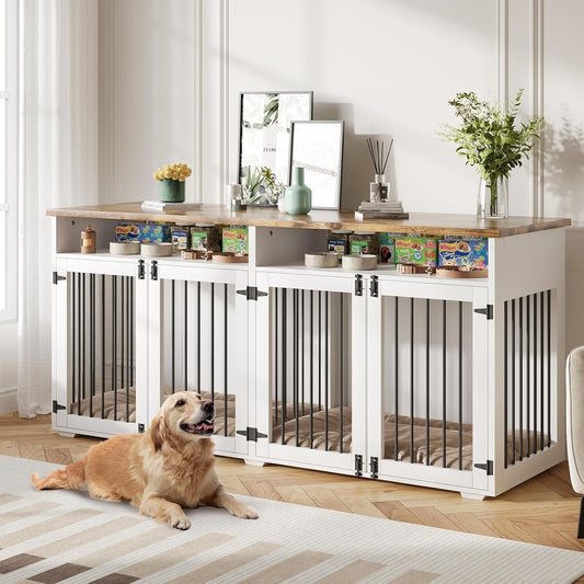 72'' Dog Crate Furniture for 2 Dogs, Wooden Dog Cage with Storage Compartment, Indoor Dog Kennel