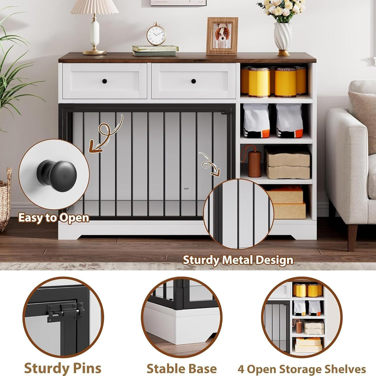 Dog Crate Furniture 47", Large Dog Crate TV Stand with 2 Drawers and 4 Shelves, Wooden Dog Kennel