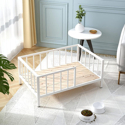 Dog Bed with Rails - Elevated Pet Metal Bed Frame with Solid Wood Board and Washable Soft Mat for