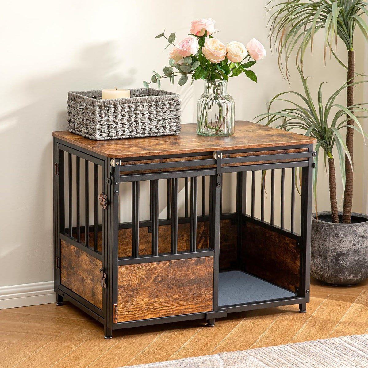 KOOPRO 32 Inch Dog Crate Furniture with Cushion for Large Medium Dogs, Wooden Heavy Duty Dog Kennel