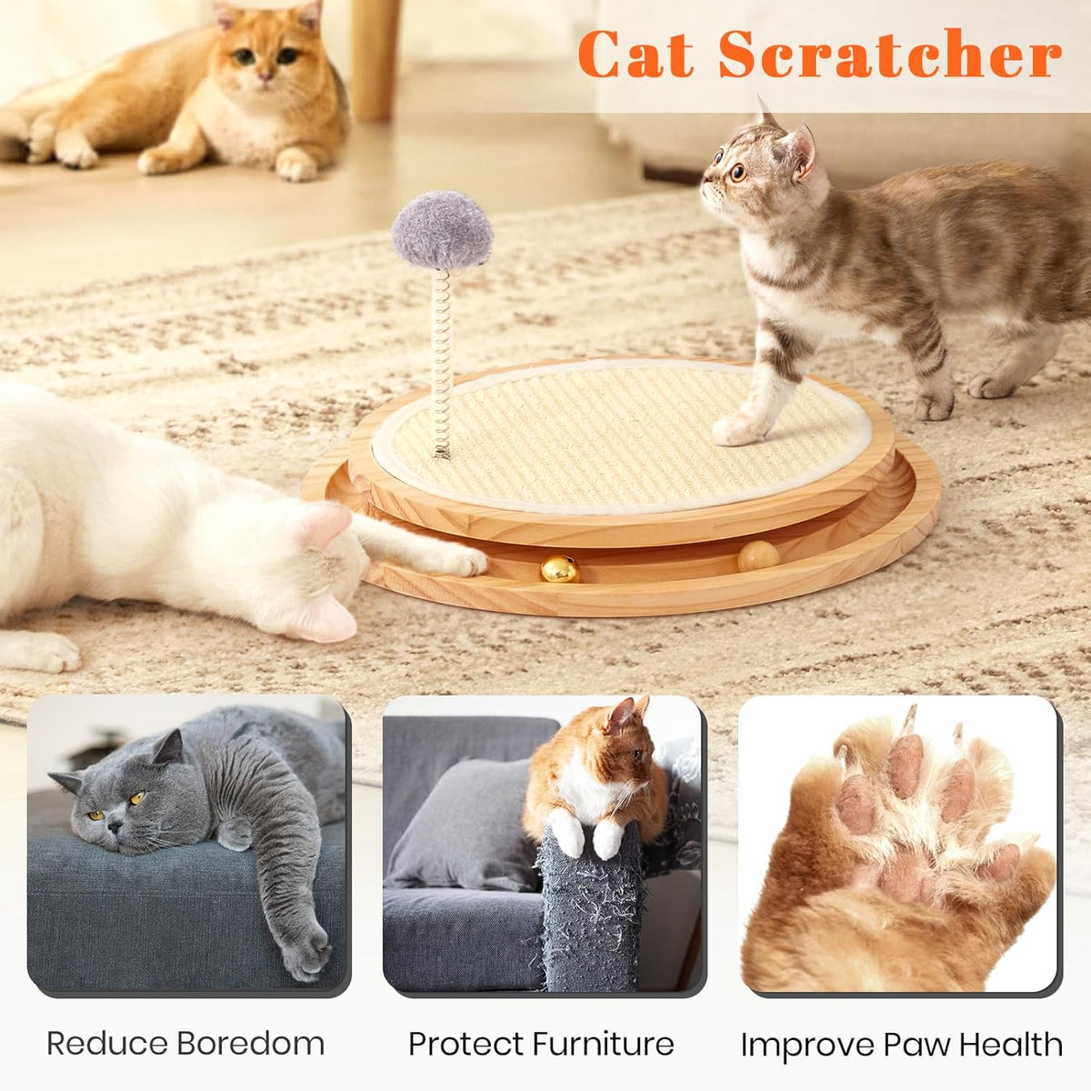 Cat Scratcher, Cat Natural Sisal Scratching Pad, Kitten Interactive Toy with Ball Track Spring Ball
