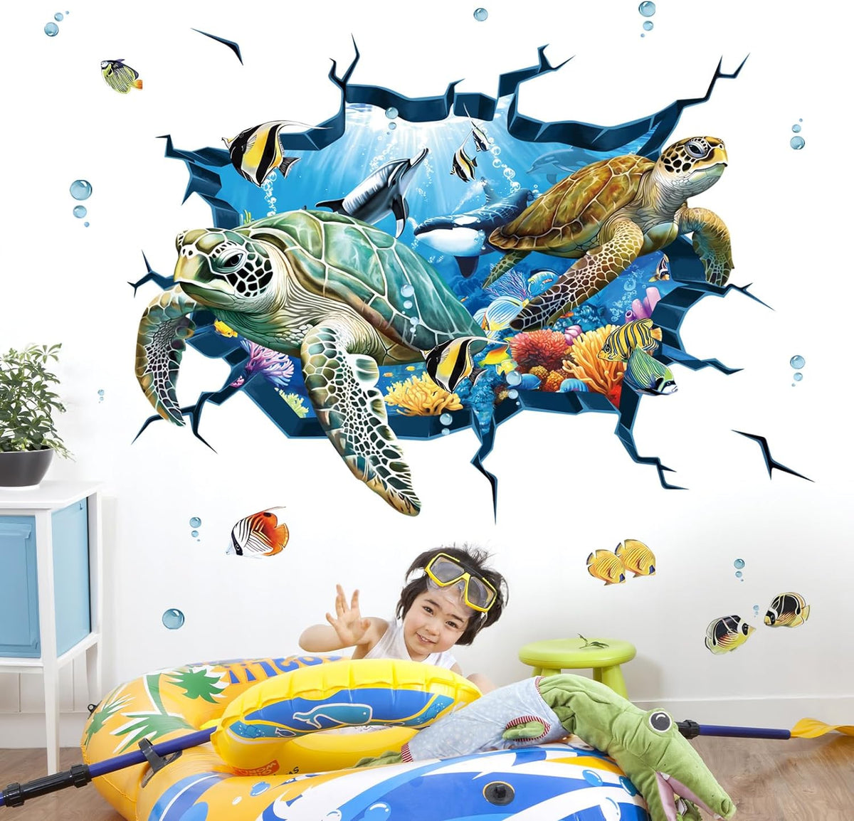 decalmile 3D Under The Sea Turtle Wall Decals Underwater Ocean Fish Broken Wall Stickers Kids